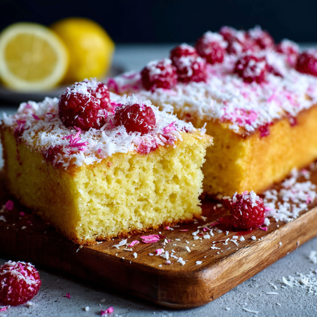 A slice of lemon cake with raspberries on top.