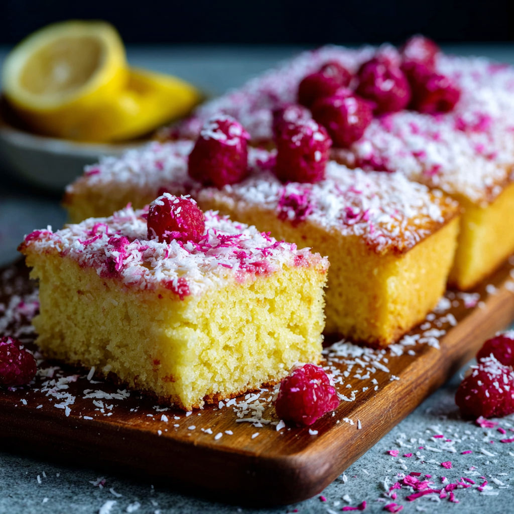 A slice of lemon cake with raspberries on top.