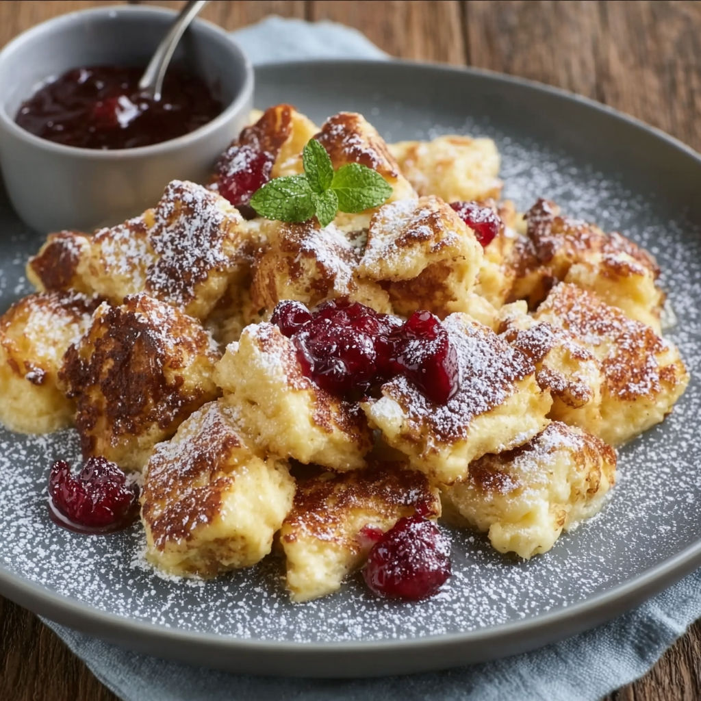 A plate of kaiserschmarrn with powdered sugar and a dollop of jam.