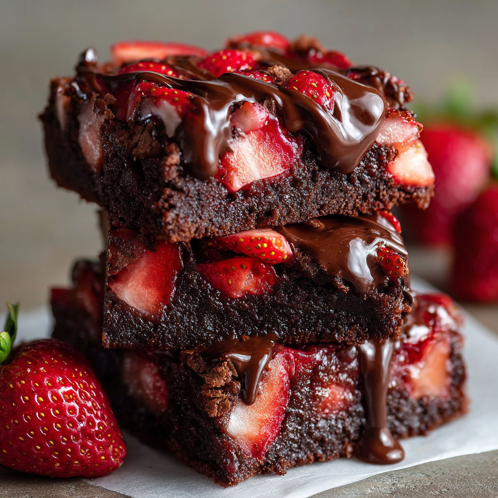 A stack of chocolate and strawberry brownies.