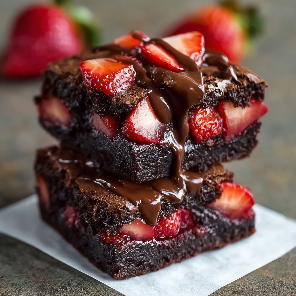 A stack of chocolate and strawberry brownies.