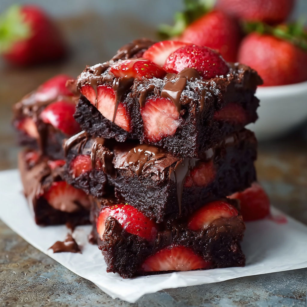 A stack of chocolate and strawberry brownies.