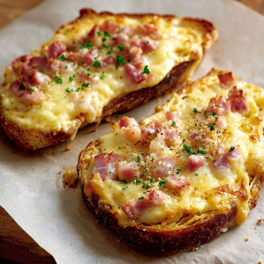 Two pieces of bread with meat on top.
