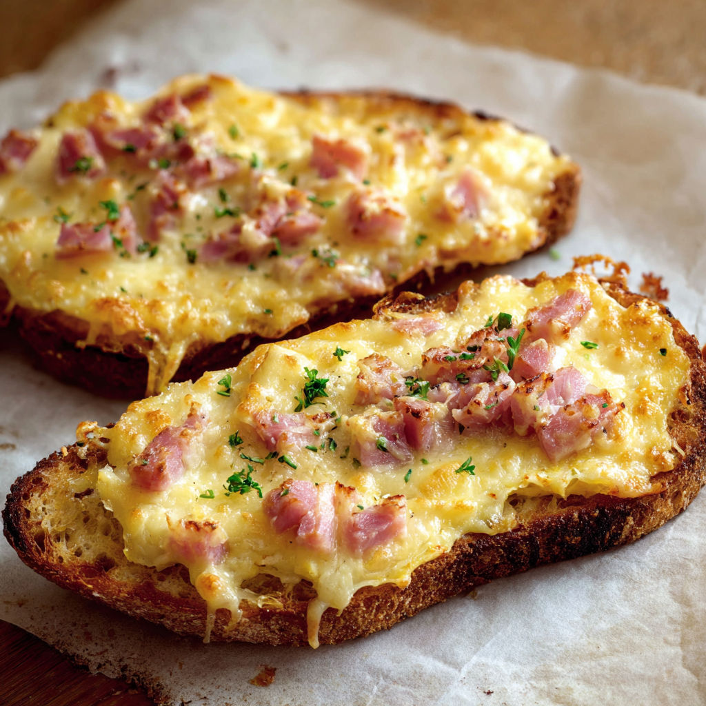 Two slices of cheese and ham toast.