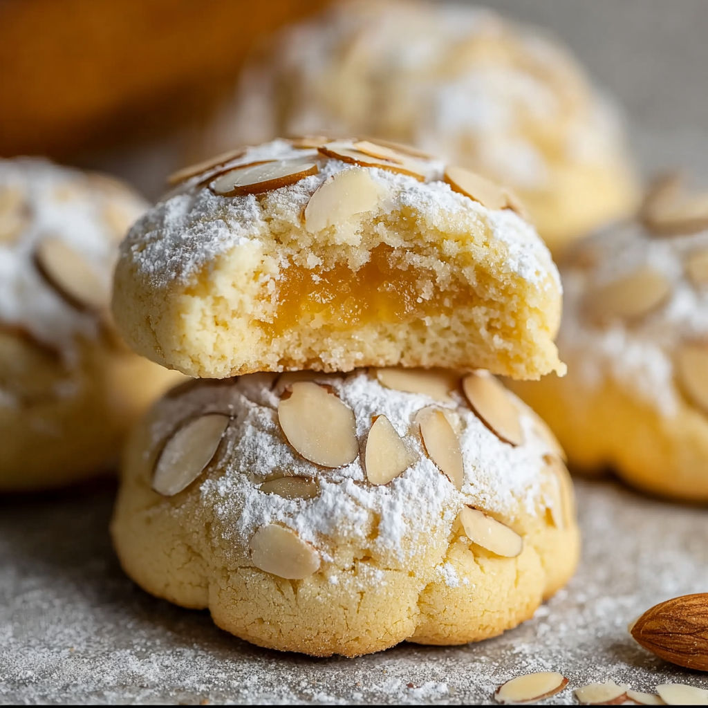 A stack of almond-covered marzipan cookies.