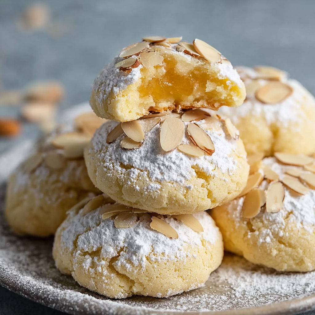 A stack of cookies with almonds on top.