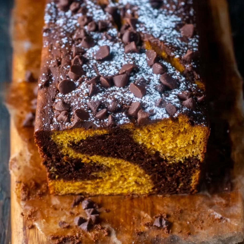 A slice of marbled cake with chocolate chips.