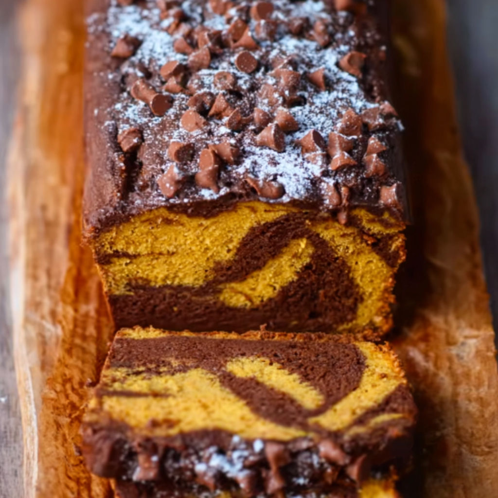 A slice of marbled cake with chocolate chips.
