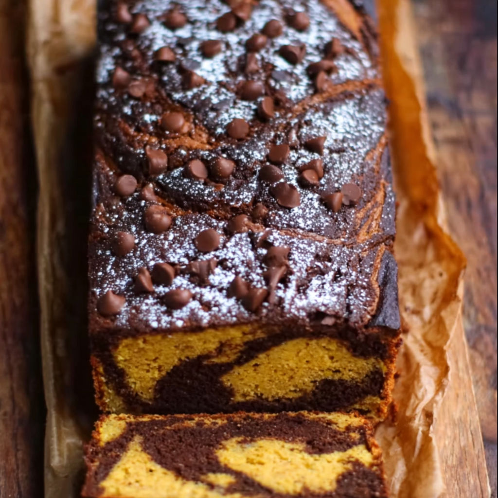 A slice of marbled cake with chocolate chips.