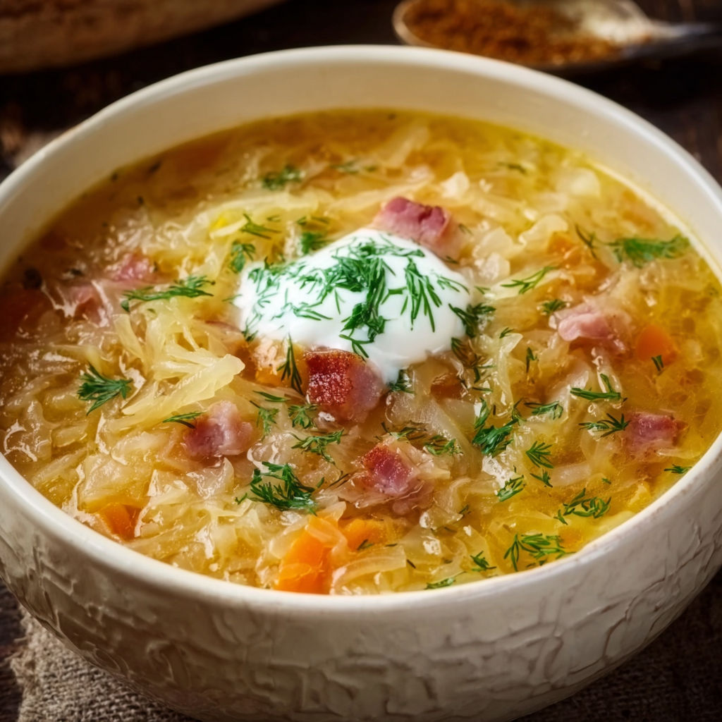 A bowl of soup with sauerkraut.