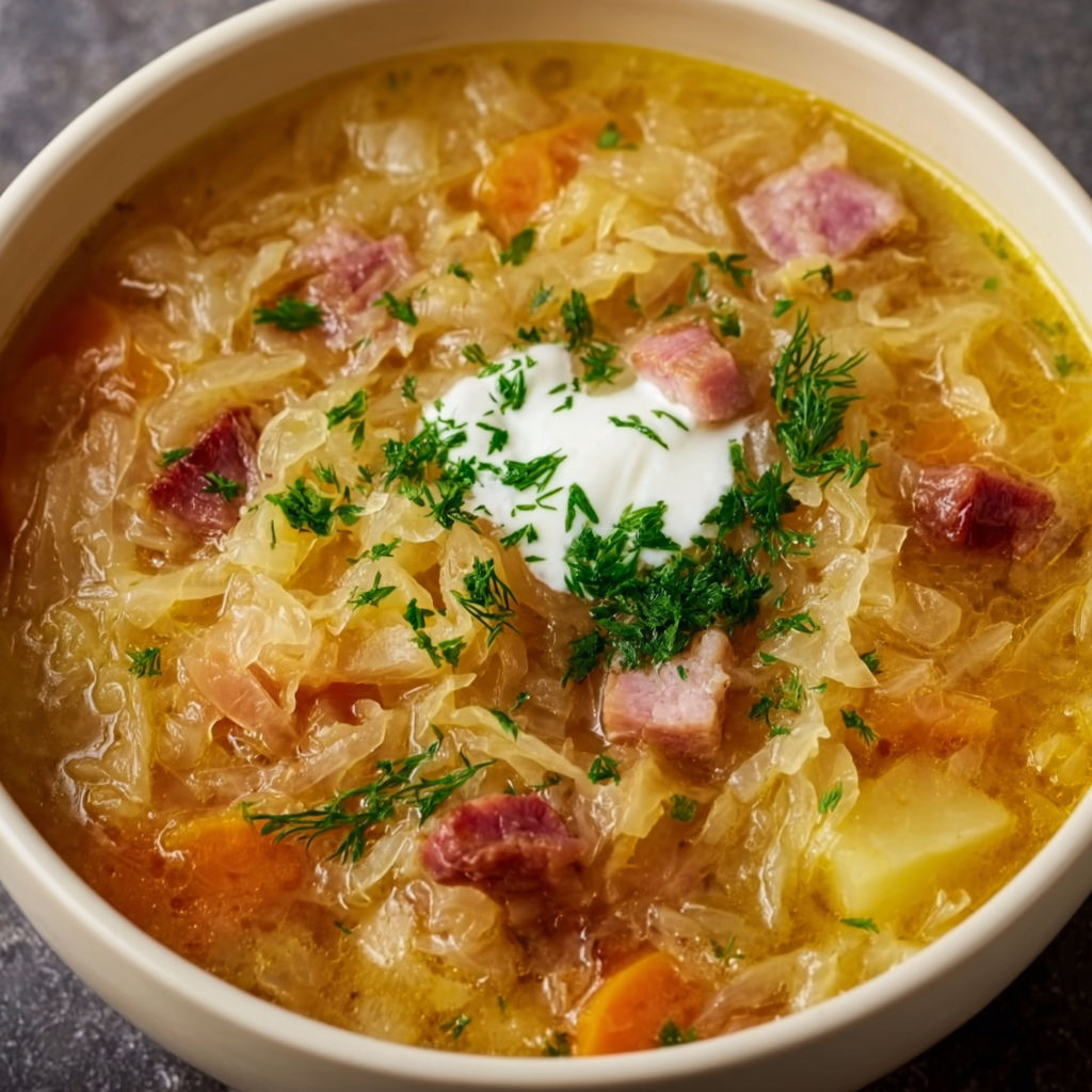 A bowl of soup with a white dollop of cream on top.
