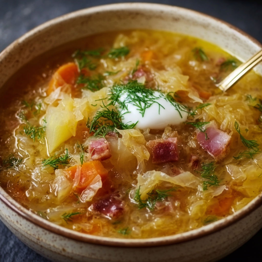 A bowl of soup with a spoon in it.