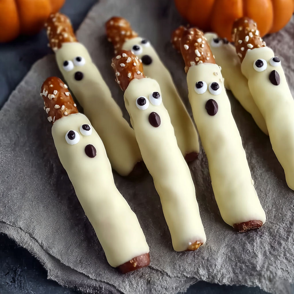 A row of Brezelgeisters with eyes and mouths.