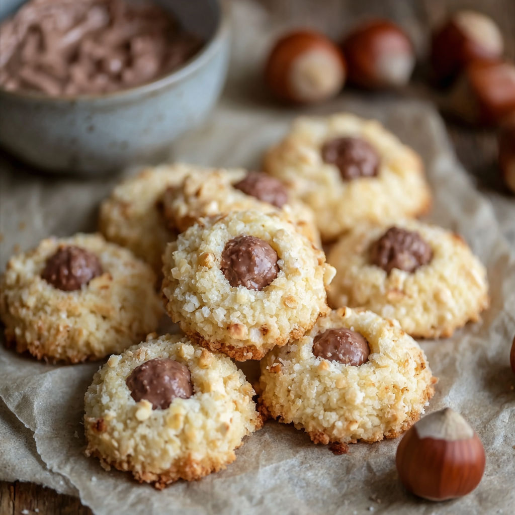 A bowl of hazelnut cookies on a table.