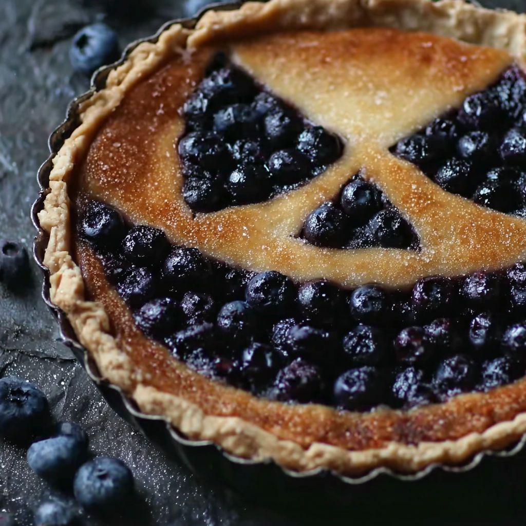 A pie with a blueberry filling and a face drawn on it.