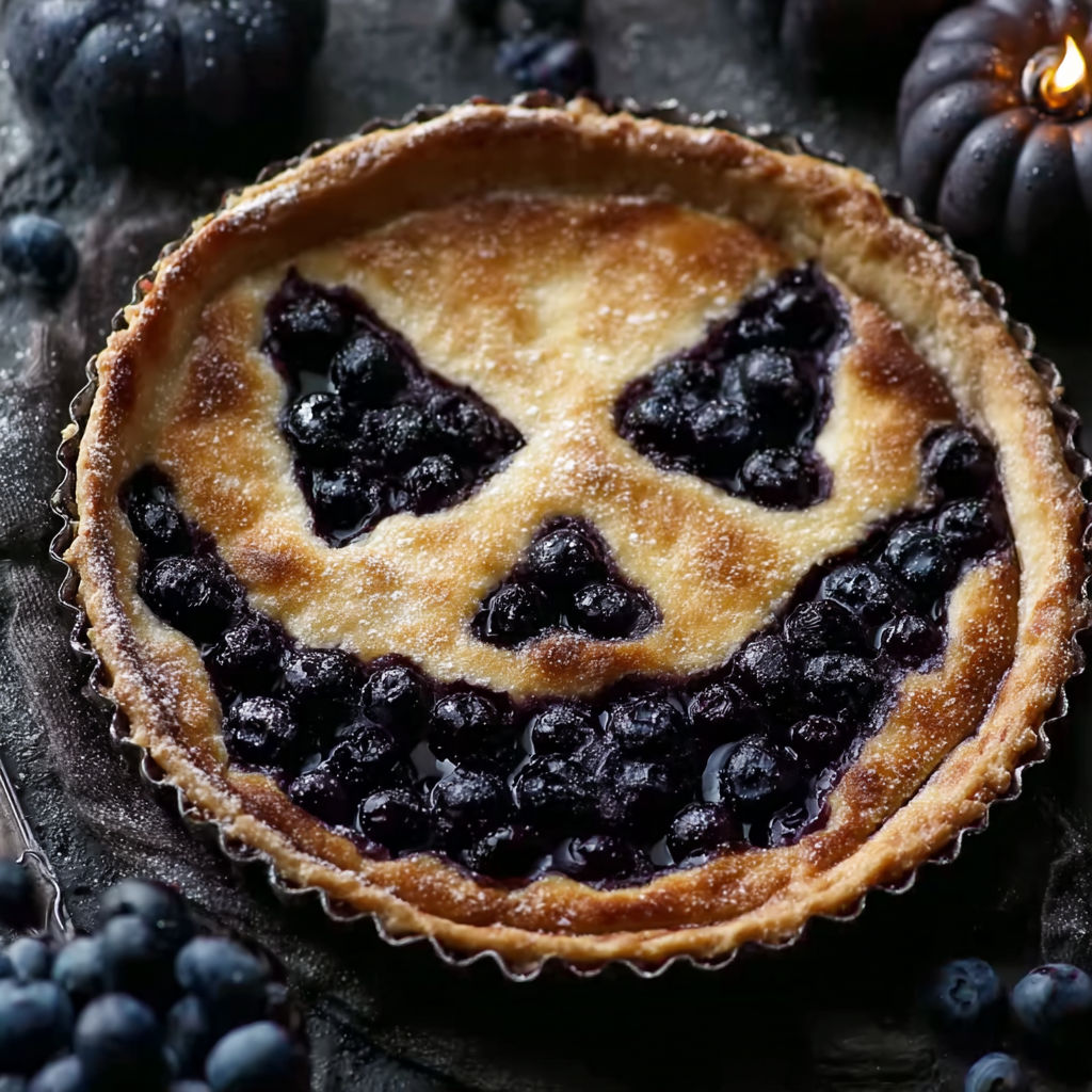 A pie with a blueberry filling and a smiley face on top.