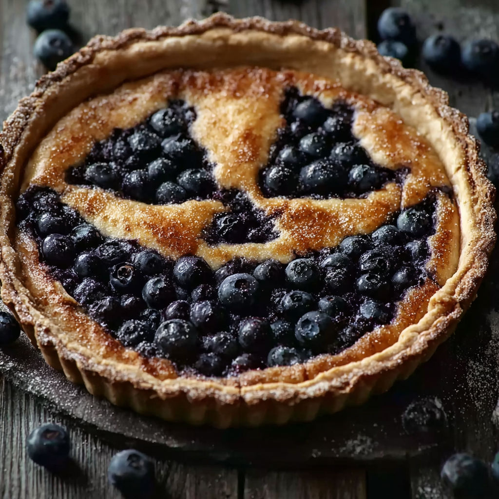 A pie with blueberries and a face on it.