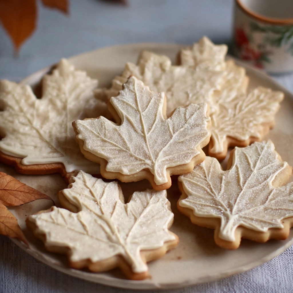 A plate of cookies with a leaf design.