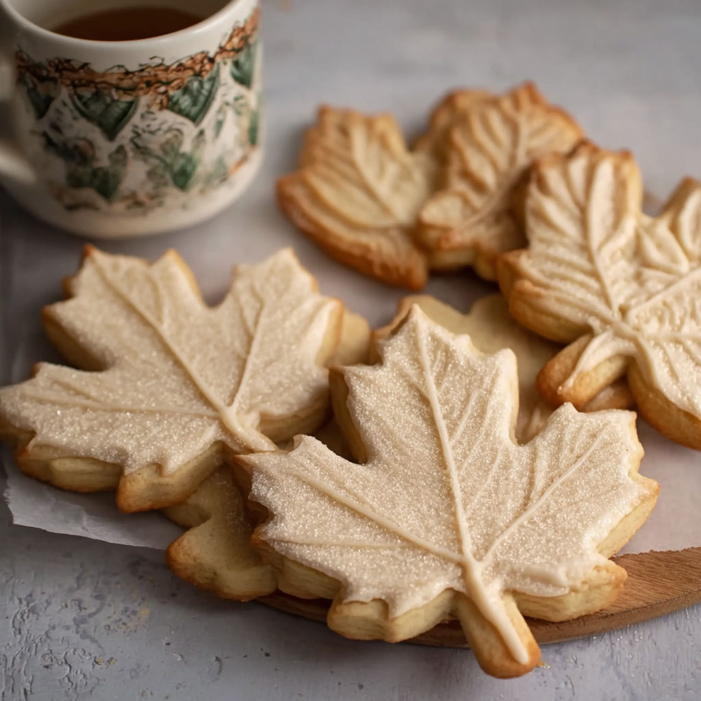 A plate of cookies with a leaf design on them.