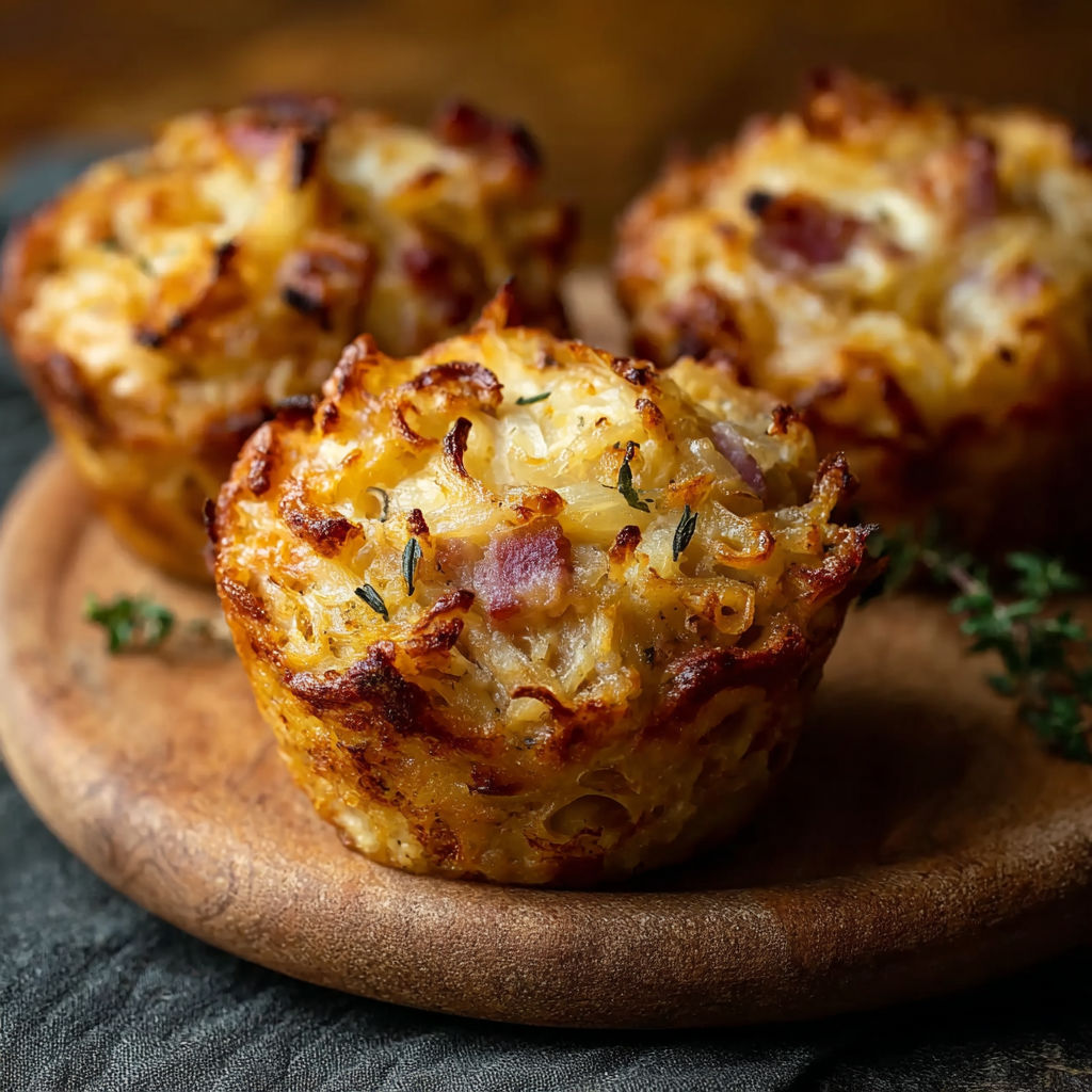 Three muffins with bacon and onions.