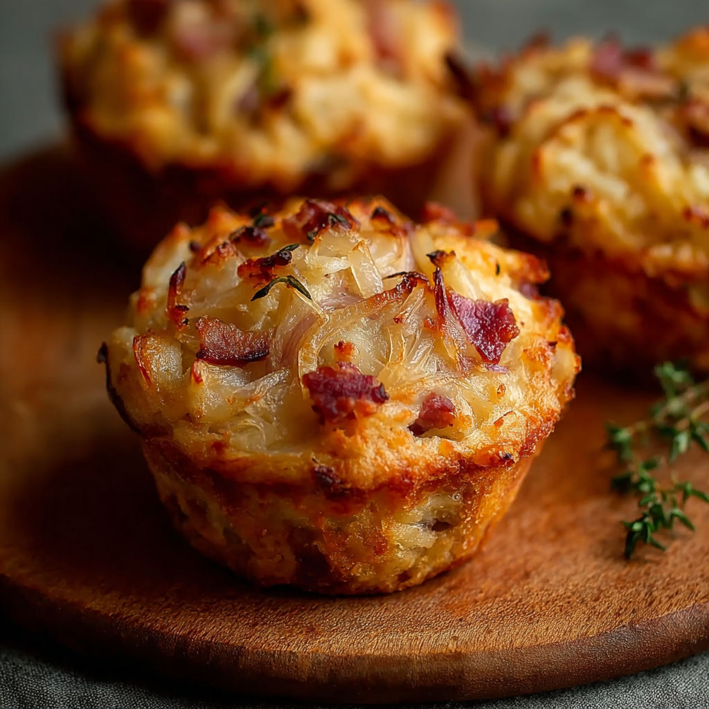 Three muffins with bacon and onions.
