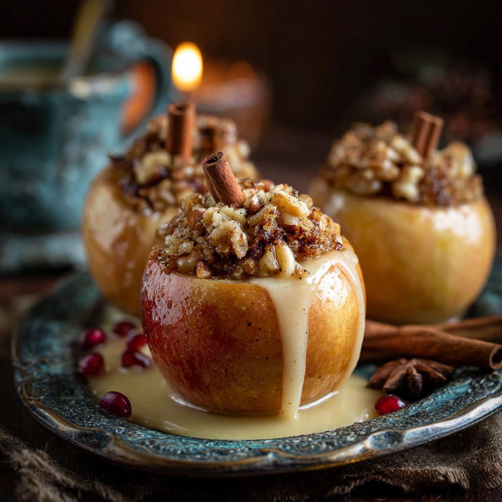 Three apples with cinnamon and sugar on a plate.