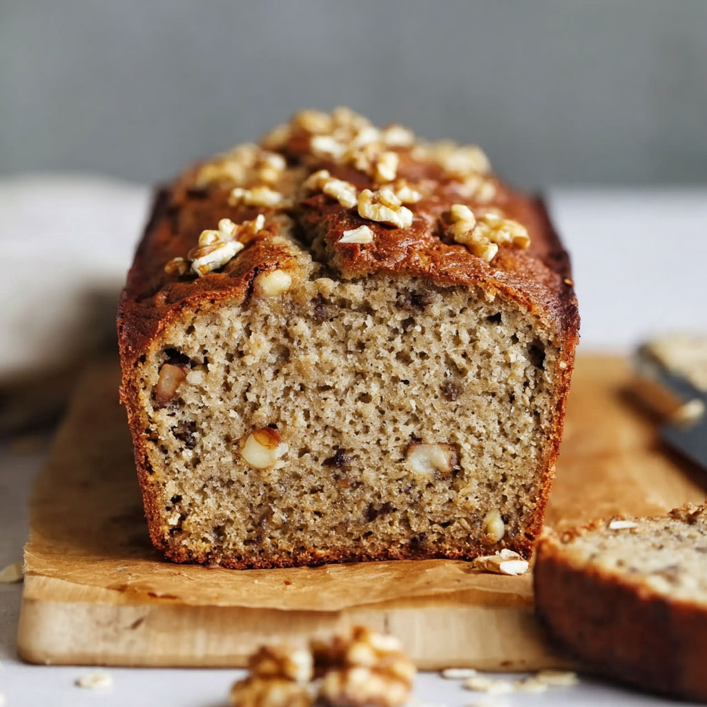 A slice of gluten-free banana bread with walnuts.