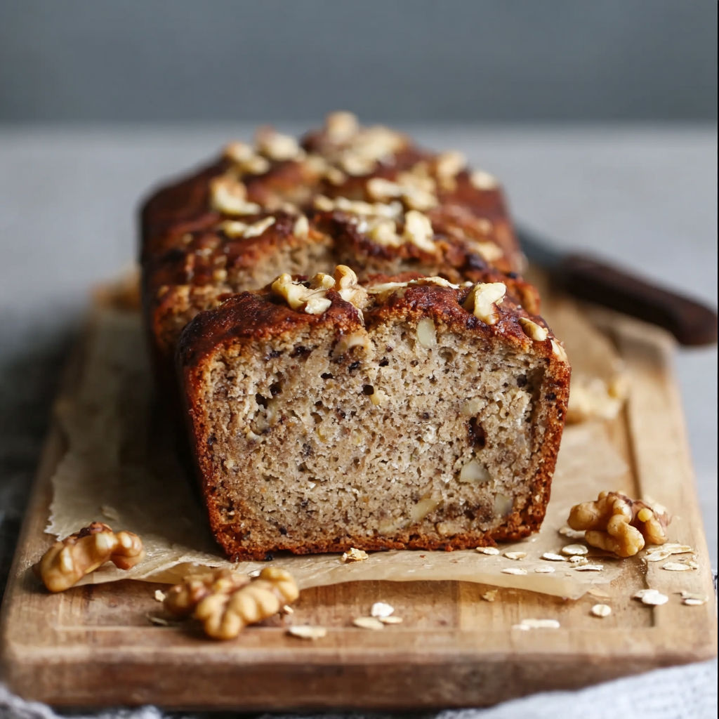 A slice of banana bread with walnuts.