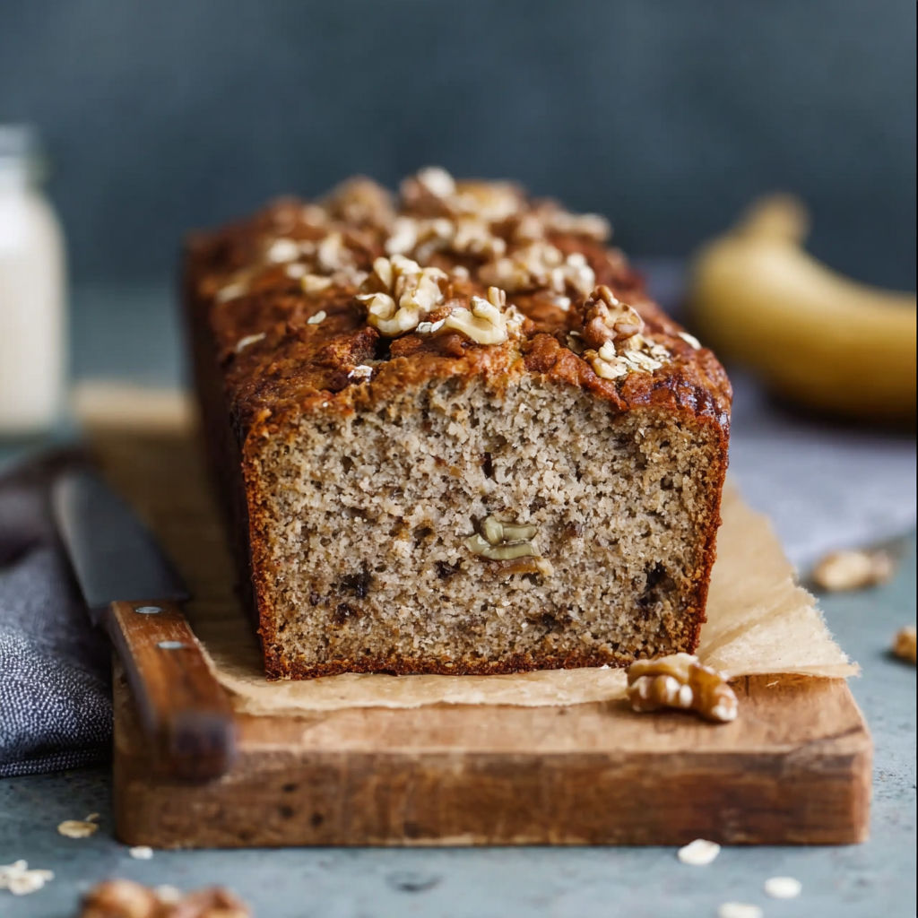 A slice of banana bread with walnuts.