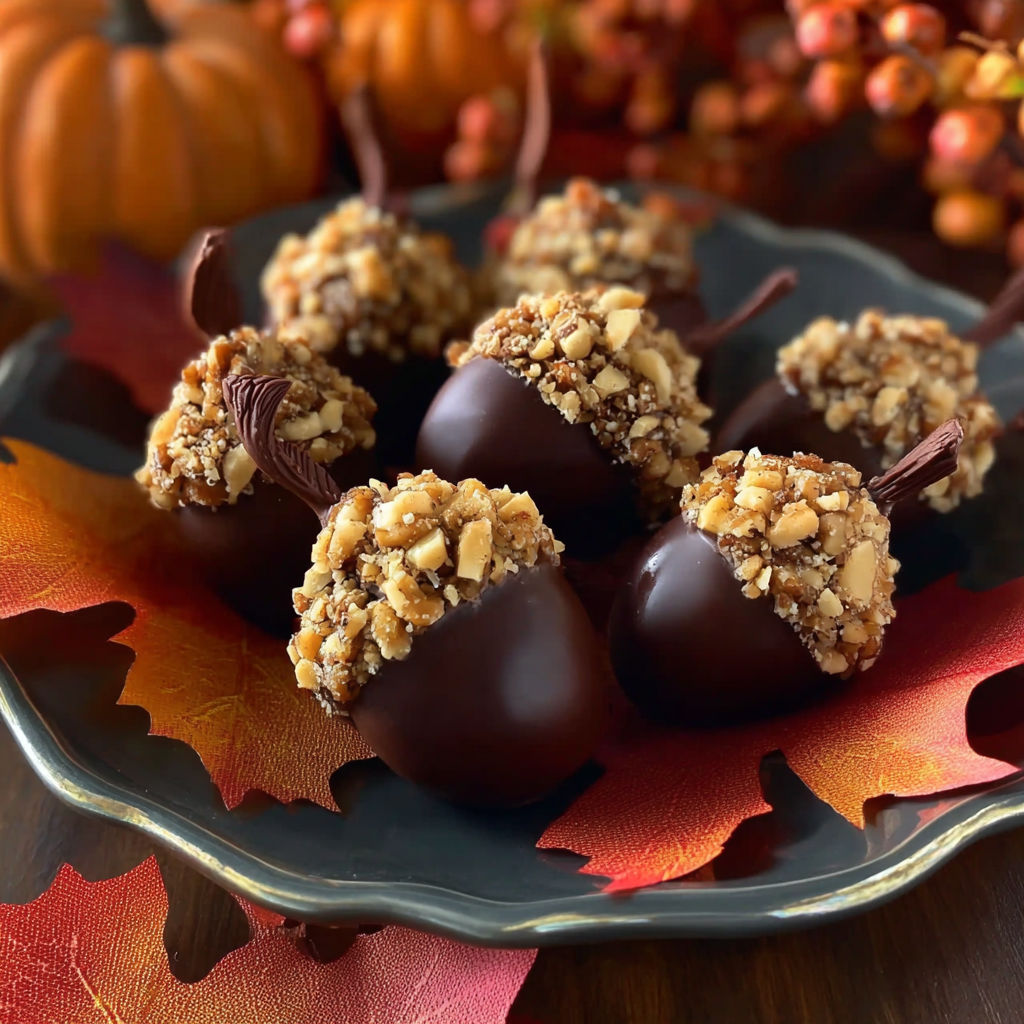 A plate of chocolate covered nuts.