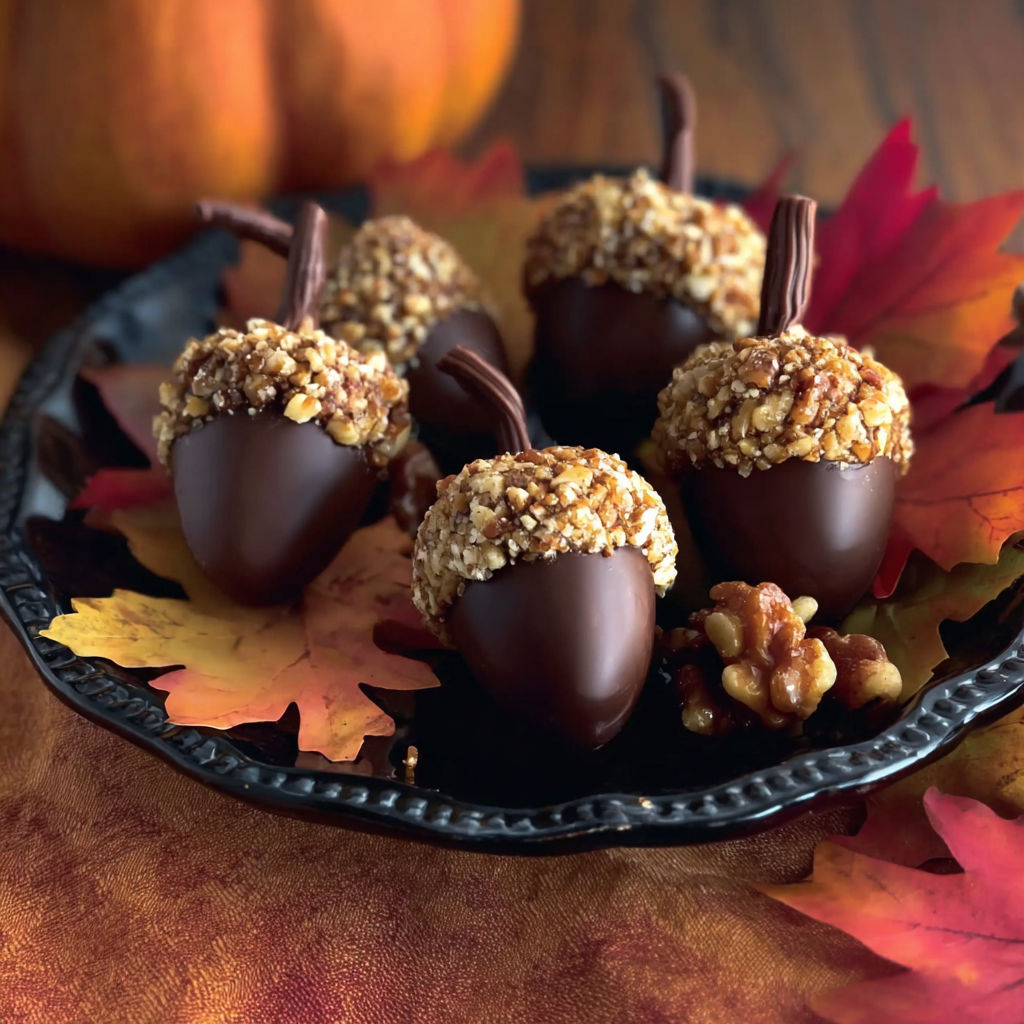 A plate of chocolate covered nuts.