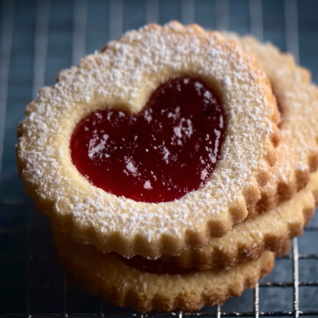 A cookie with a heart shaped jelly filling.