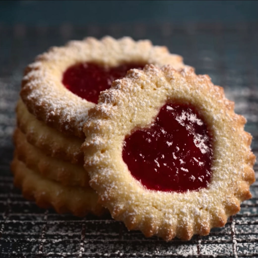 A stack of cookies with red jam in the middle.