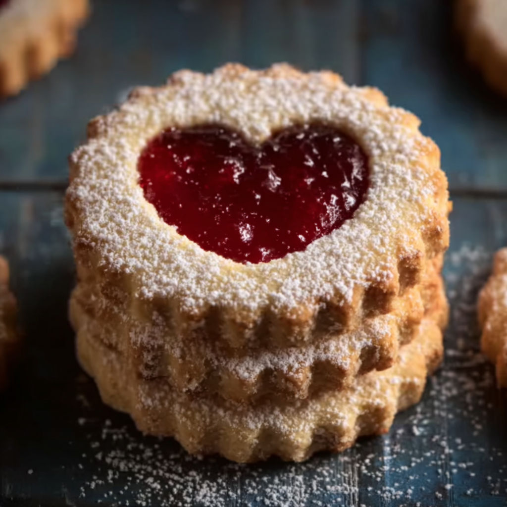 A pastry with a heart shaped jelly filling.