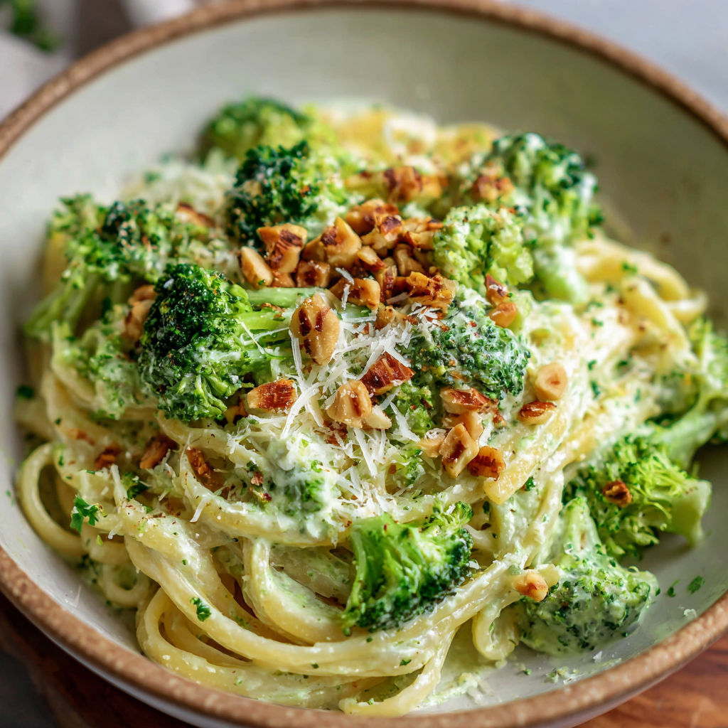 A bowl of creamy broccoli noodles.