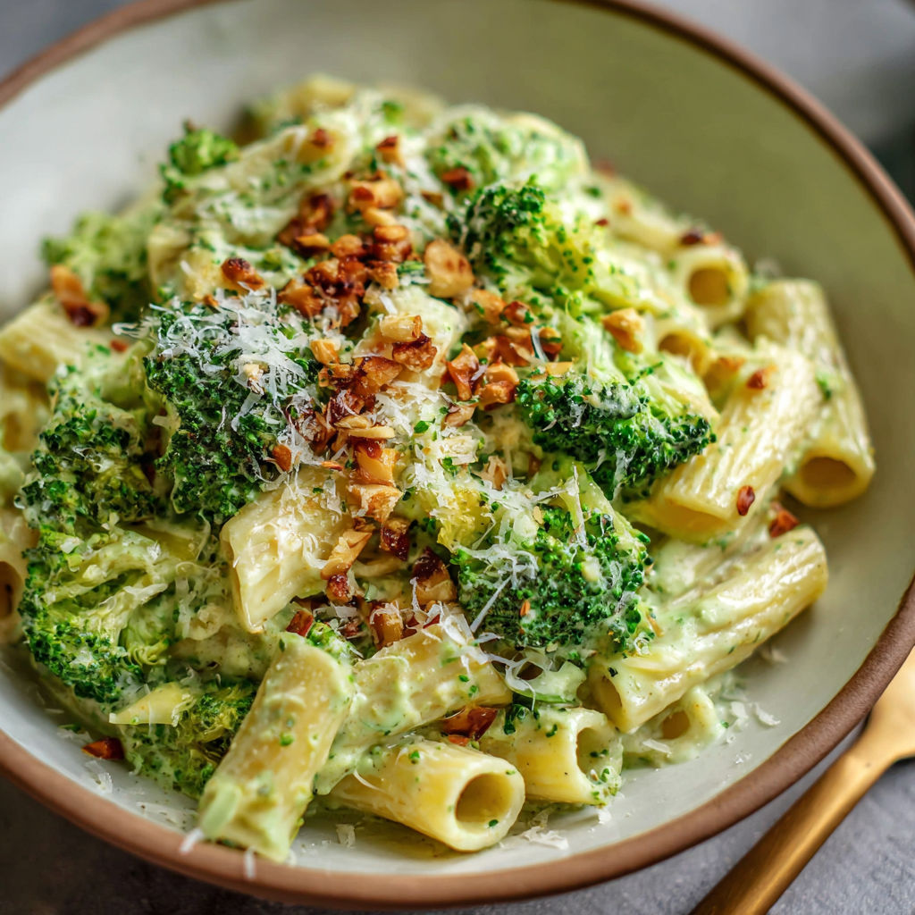 A bowl of creamy broccoli noodles.