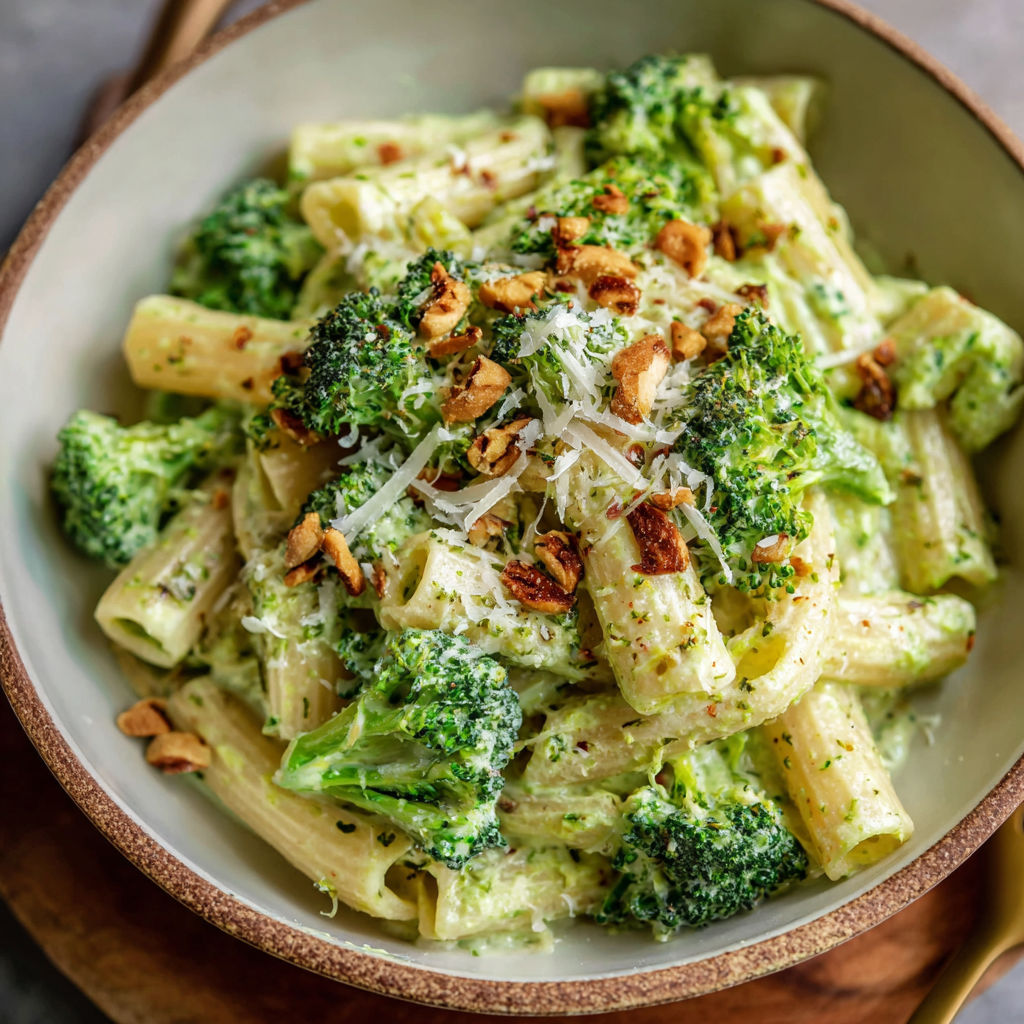 A bowl of creamy broccoli pasta.