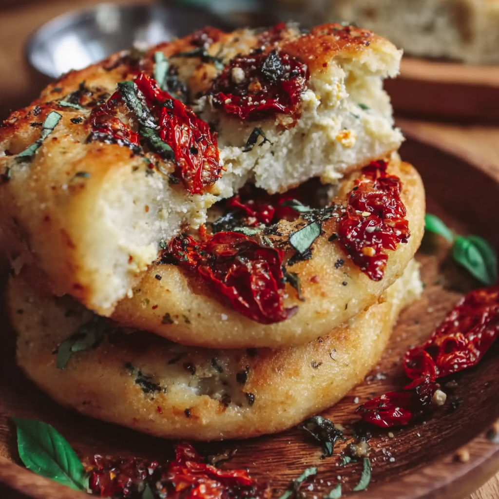 A stack of bread with red peppers on top.