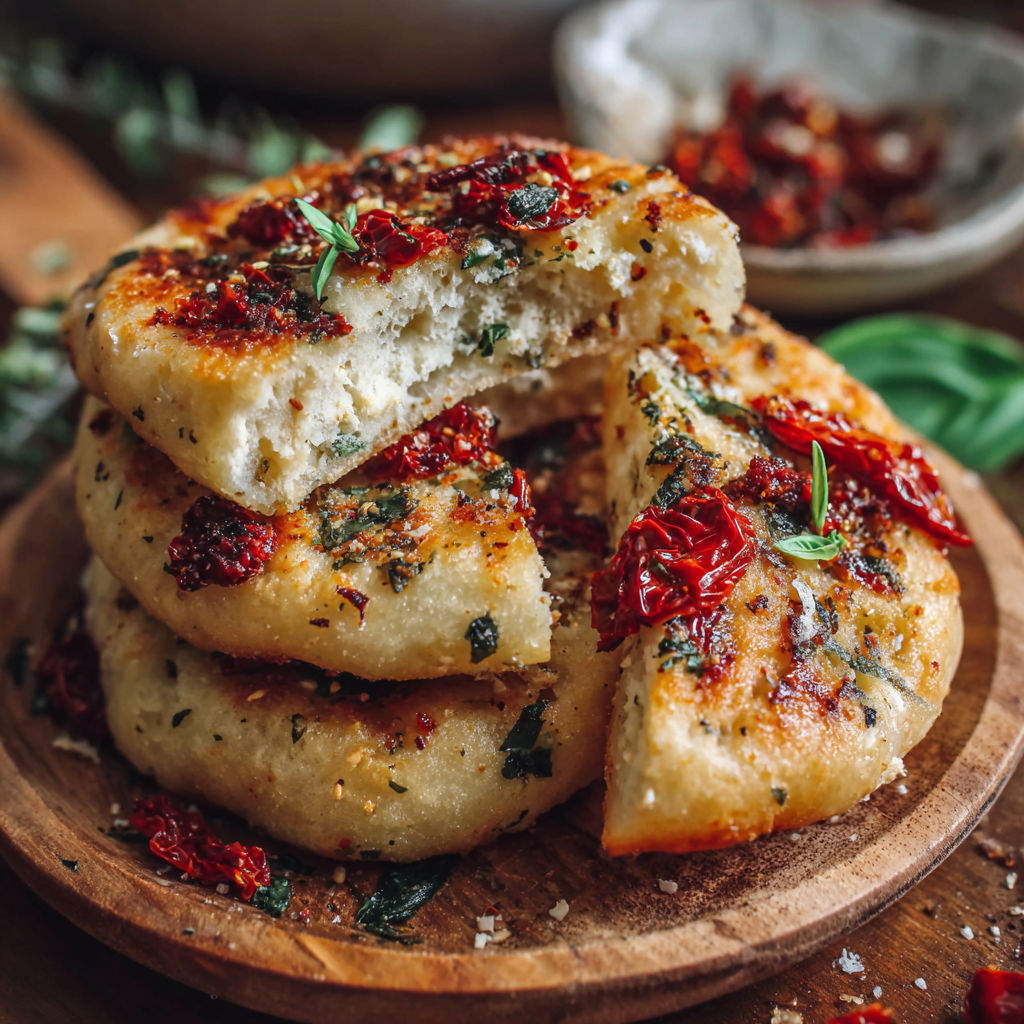 A stack of bread with red peppers on top.
