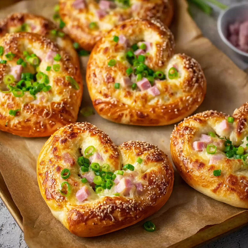 A plate of ham and cheese filled pretzels.