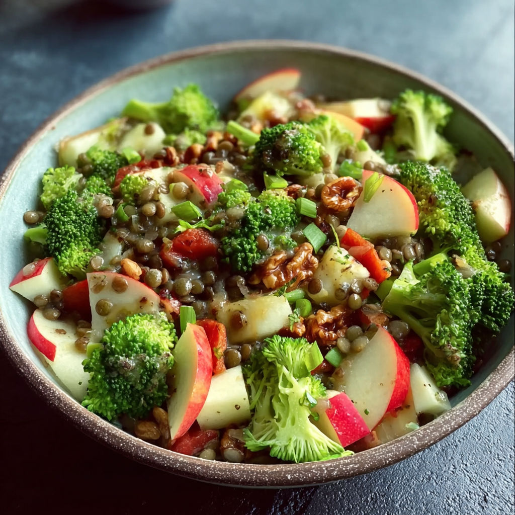 A bowl of broccoli, apples, and walnuts.