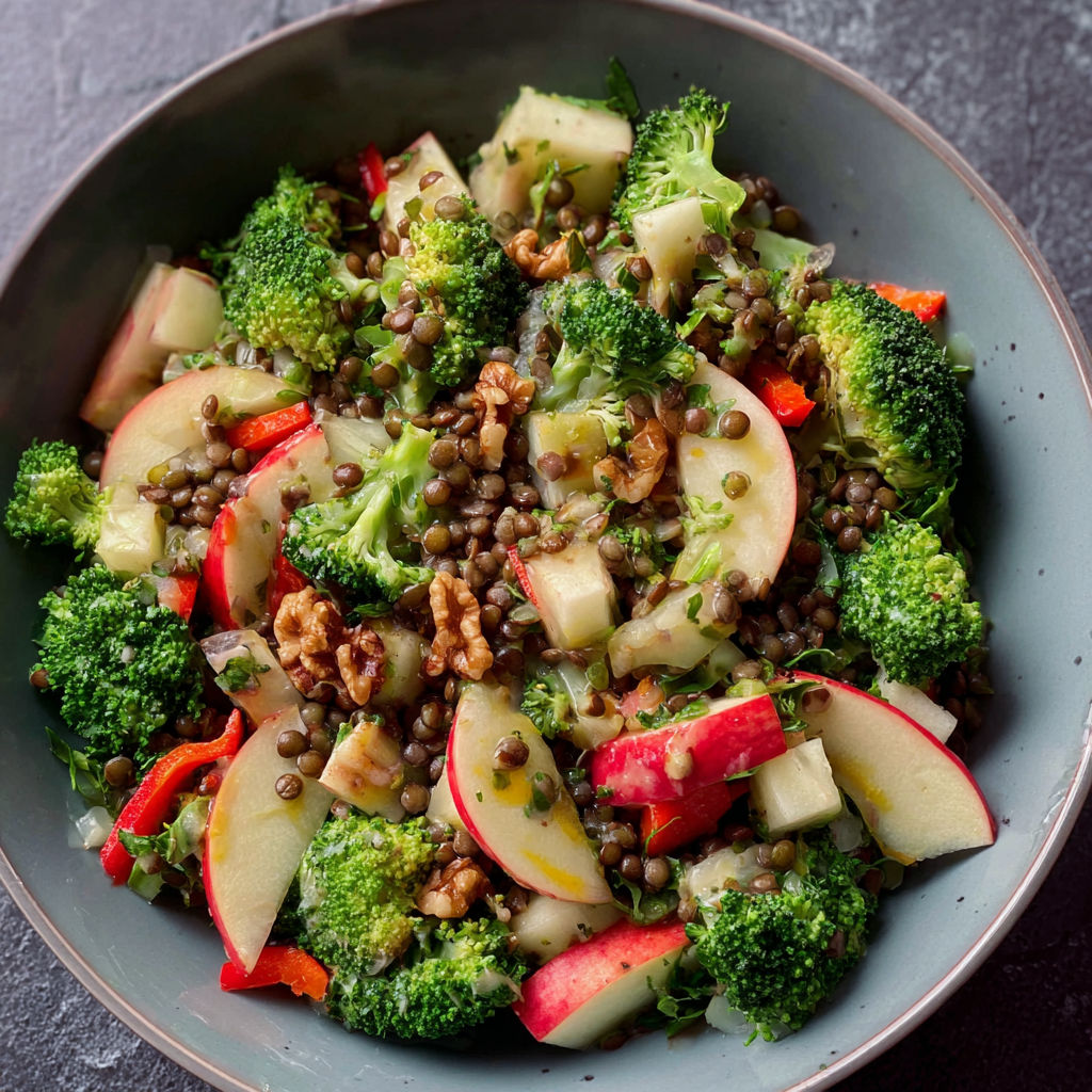 A bowl of food with broccoli and apples.