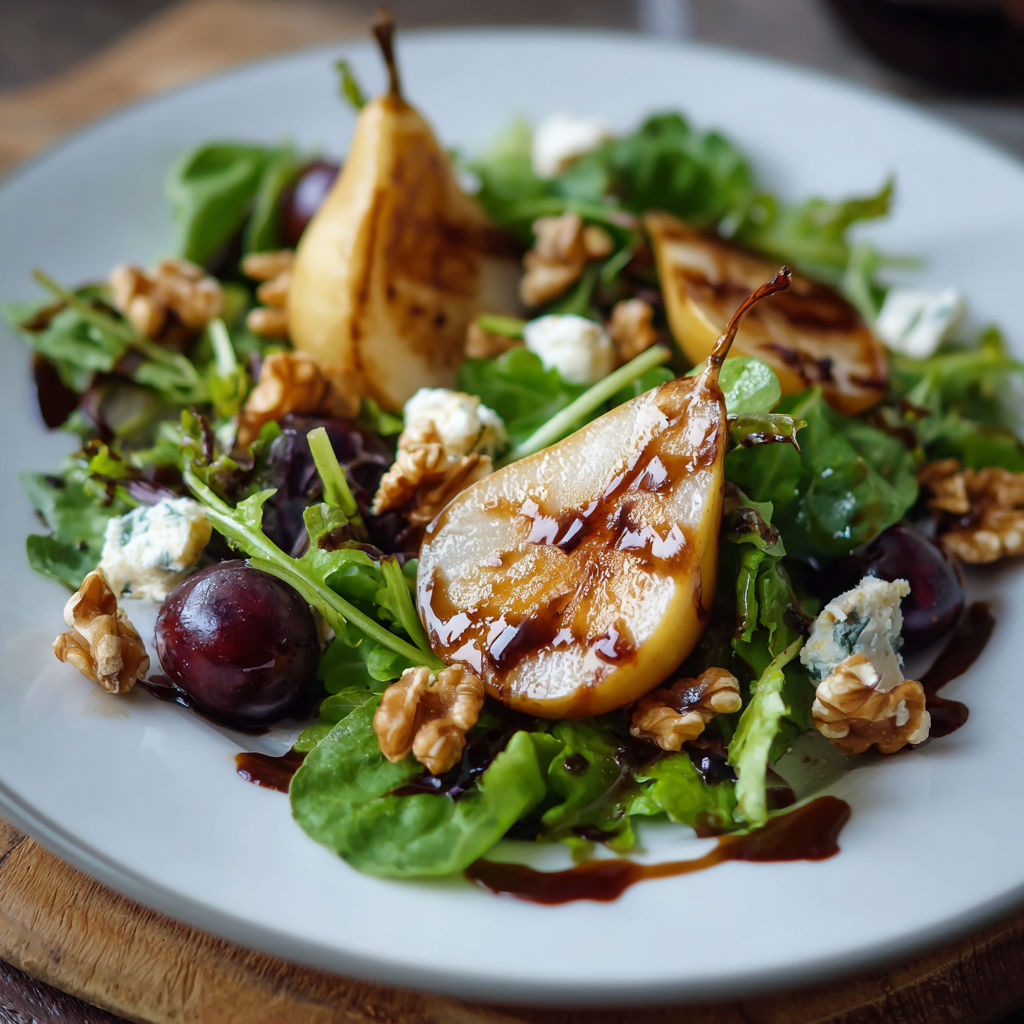 A plate of salad with a slice of apple and walnuts.