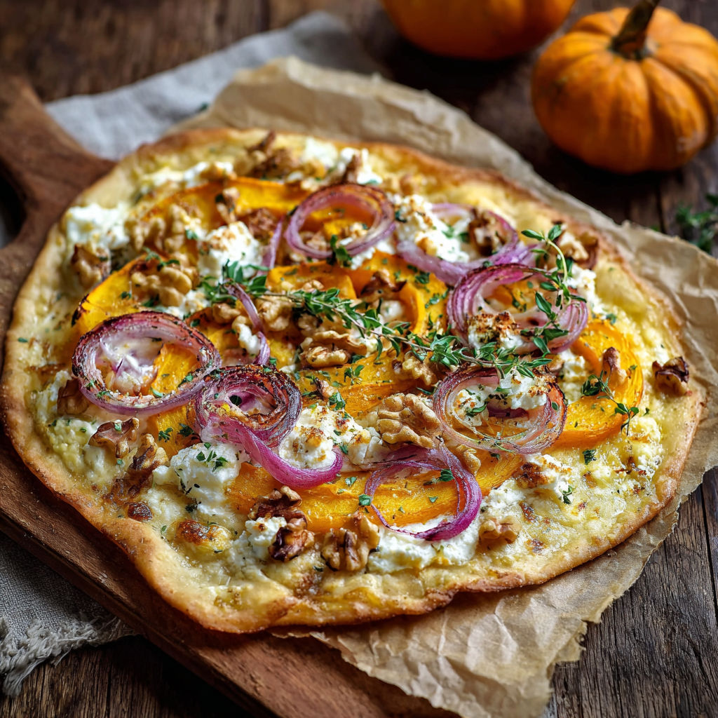 A pizza with onions and feta cheese.