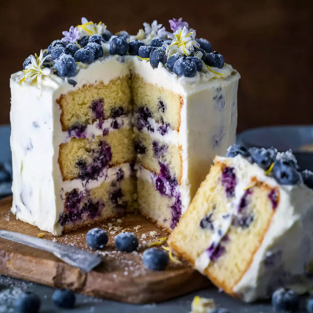 A slice of blueberry and lemon cake.