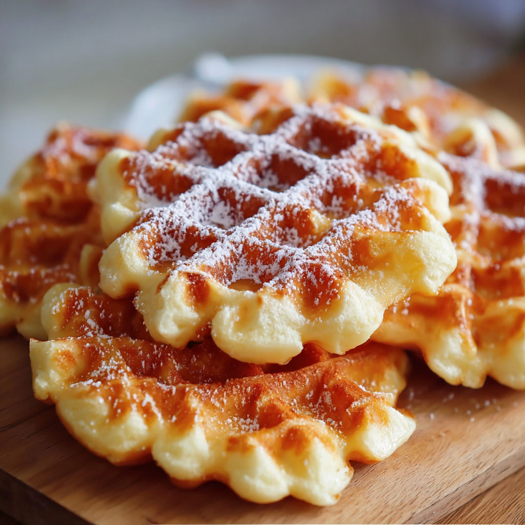 A plate of waffles with powdered sugar on top.