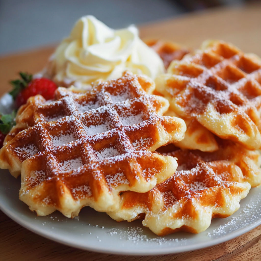 A plate of waffles with powdered sugar on top.