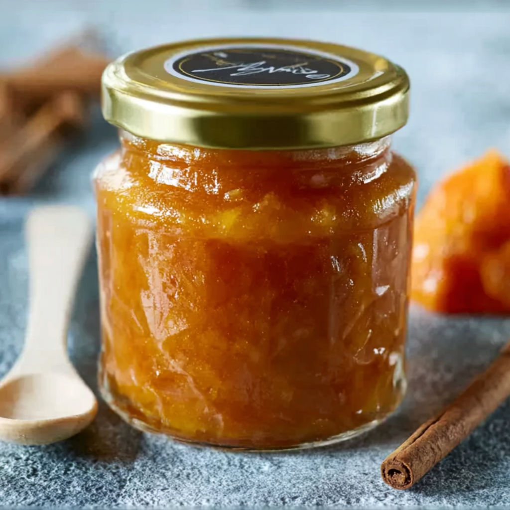 A jar of jam with a spoon in it.