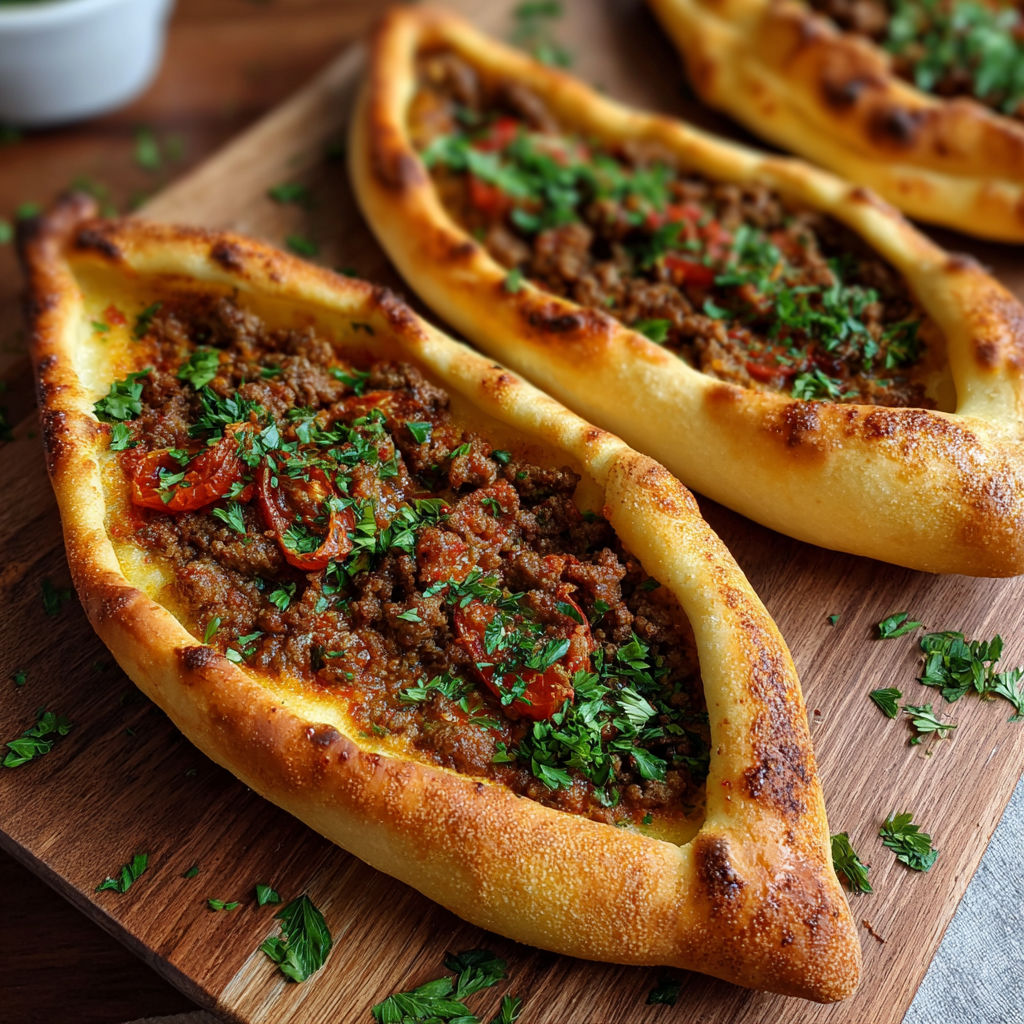 Two pide with meat in them.