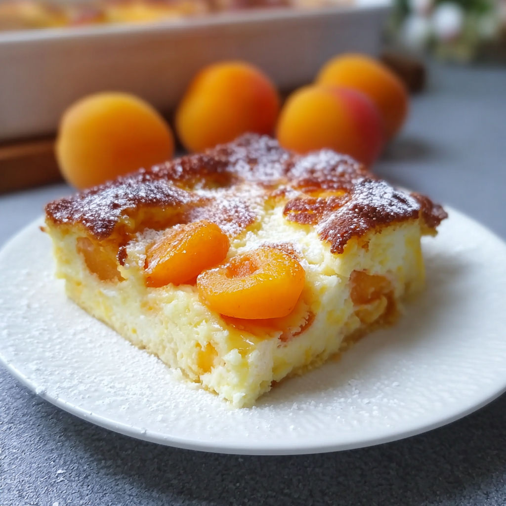 A slice of cake with peaches on top.